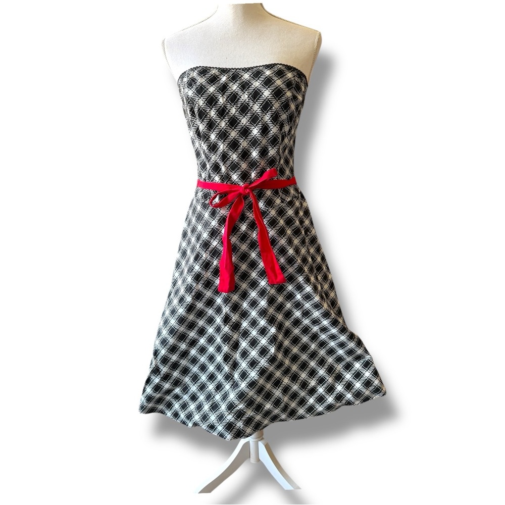 Y2K  Ruby Rox Black and White Plaid Strapless Dress with Red Belt and Tulle